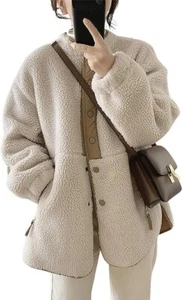 Women's Fleece Jacket Color Block Button Down Sherpa Shacket Fuzzy Faux Fur Coat - Picture 1 of 19