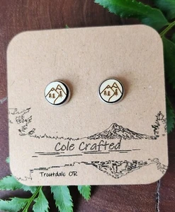 Mountain Earrings Wood Handmade 8mm Bezel Set Hiker Geometric Scenic Mt Jewelry  - Picture 1 of 6