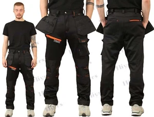 Mens Work Trousers Soft Shell Hi vis Outdoor hi vis Bottoms Water Resistant - Picture 1 of 11