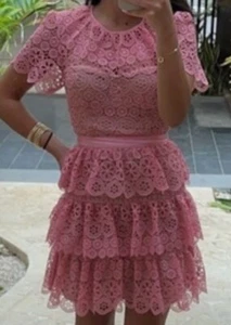 NWT Self Portrait Pink Tiered Lace Mini Dress Size US 6UK 10 - Picture 1 of 8