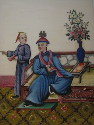 Antigua pintura china de médula de acuarela del siglo XIX... Padre, hijo # 04 Foto 1 de 2