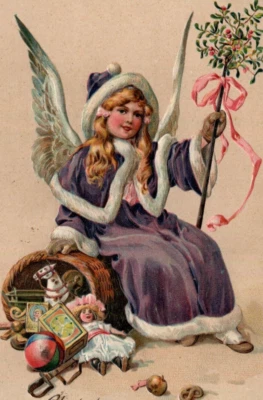 1908 Ángel Púrpura Bata Muérdago Bastón Cesta Juguetes Finkenrath Navidad Postal Foto 1 de 3