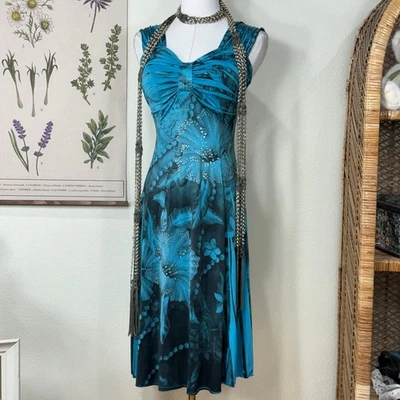 Vintage 90s Y2k Floral Hibiscus Rhinestone Embellished Dress McBling Gyaru M - Image 1 of 4