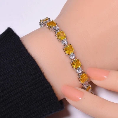 Yellow Sapphire & CZ Simulated 925 Sterling Silver Tennis Bracelet 7.99" B42 - Image 1 of 4