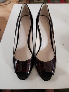 COLE HAAN Size 8.5 CARMA Leopard Patent Open Toe Heels Pumps Shoes 8 Air - Picture 1 of 7
