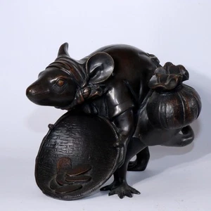 Japanese Bronze Rat Figurine Lucky Mouse with Coins Signed Metal Art Ornament - Picture 1 of 22