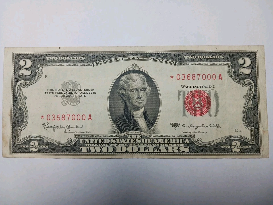 1953 C Red Seal $2.00 Dollar Star Note United States Note  - Very Nice Condition - Image 1 of 4