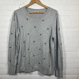 Loft Christmas Tree Sweater Women's Size XL Gray Embroidered Puff Sleeve - Picture 1 of 9