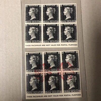 Penny QV 1962 GB NEGRO 2x bloque de seis reimpresiones por Castle Museum en York Foto 1 de 4