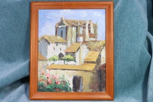Óleo Pueblo. Casas e iglesia. J. Alnia. Oil painting village. Houses and church. - Bild 1 von 7