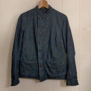 Chaqueta de mezclilla de algodón 45R/45 rpm cuello alto teñido índigo usada - Imagen 1 de 5