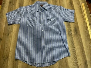 Plains Western Wear Shirt Large White Blue Striped Short Sleeve Pearl Snap Shirt - Picture 1 of 11