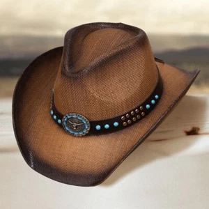 Brown Turquoise Stone Steer Head Straw Hat Western Cowboy Cowgirl Rodeo Hats NEW - Picture 1 of 1