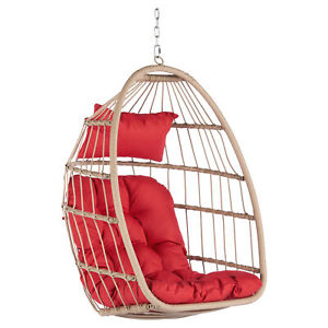 Outdoor Garden Rattan Egg Swing Chair Hanging Chair Wood Red Cushion