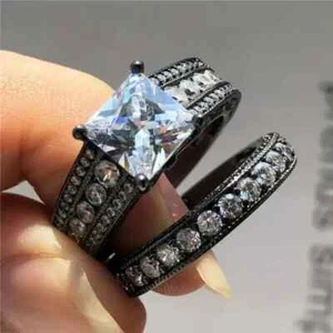 Princess Cut Lab Created Diamond Bridal Wedding Set Ring 14K Black Gold Finish - Picture 1 of 3