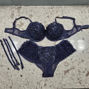 Victoria's Secret Balconet Bra Lingerie Set Sequin Ruffle Trim 36C M - Picture 1 of 12