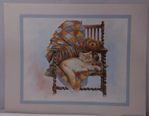 Cat teddy bear Chair Quilt Sleeping 11x14" Bernard 1988 Otto Litho USA NEW - Picture 1 of 3