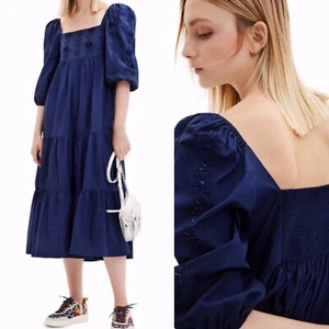 Desigual gesmoktes Midi Bauernkleid Perlen dunkelblau romantisch US Größe Small neu - Bild 1 von 8