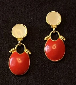 Vintage Dangle Red White Gold Earrings Pierced 1980s - Picture 1 of 4