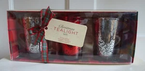 3 Speckled Red & Silver Christmas Tealight Glass Tealight Holders Gift Set - Picture 1 of 8
