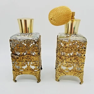 Zwei Parfüm Zerstäuber Flaschen Gold Filigran Über Glas Ormolu Vintage Set - Bild 1 von 16