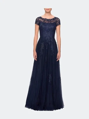 New LA FEMME Beaded Lace Rhinestone A-line Evening Gown In Navy Sz 14 $619 - Image 1 of 4