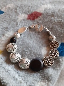 Designer Jewellery, Pilgrims Silver Toned Black & Silver Beaded Bracelet - Picture 1 of 12