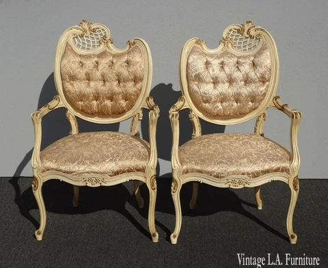 Pair Vintage French Provincial Louis XVI Rococo Off White Heart Tufted Chairs Cover