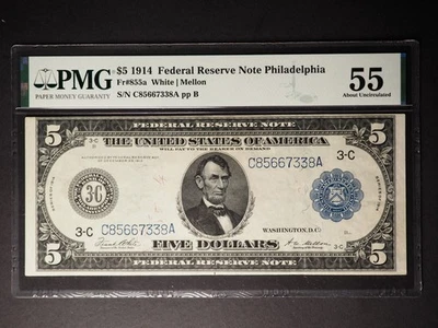 1914 $5 FEDERAL RESERVE NOTE*FR#855a*PMG55* BLUE SEAL * FREE SHIPPING* G0525 - Image 1 of 2