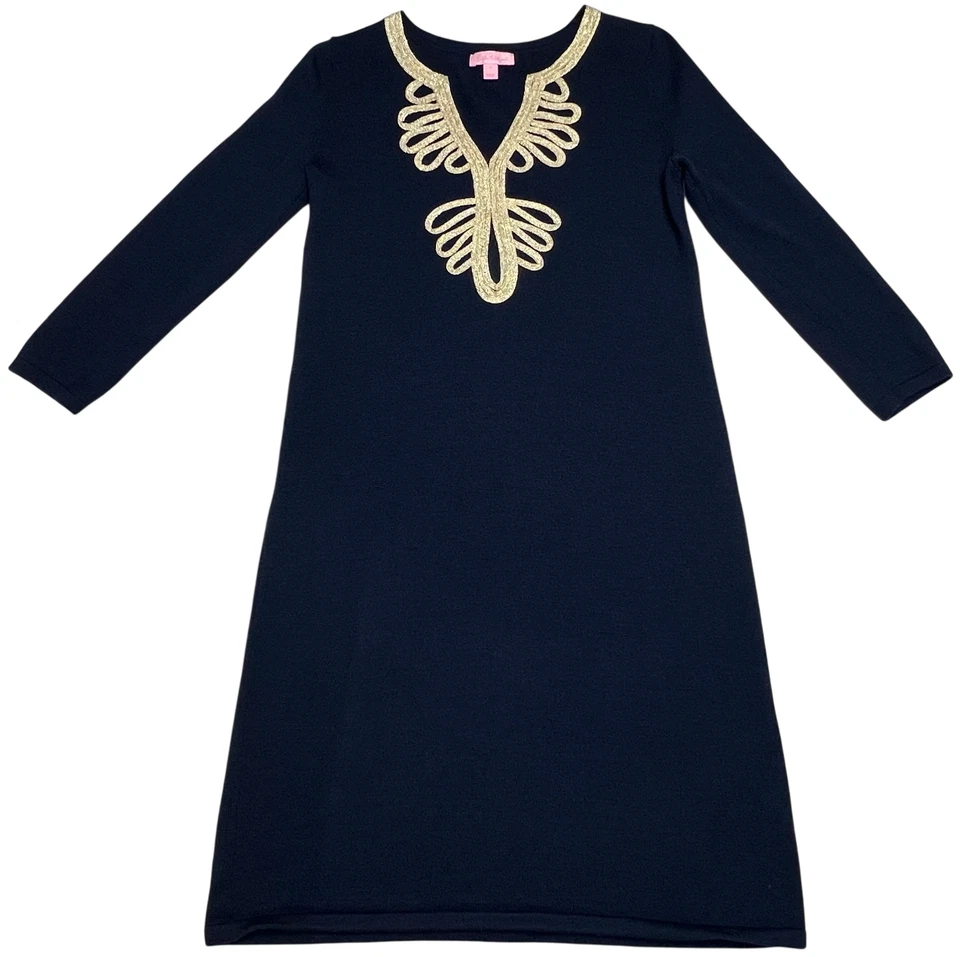 Vestido Lilly Pulitzer Mujer (S) Azul Marino Devlin Lana Merino Suéter Dorado Bordado Foto 1 de 4