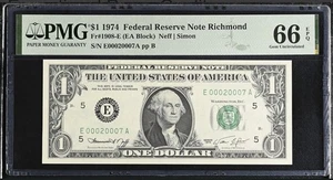 1974 $1 Richmond E00020007A PMG 66 EPQ ⭐ Low Serial Fancy Number FR 1908-E Gem - Picture 1 of 3