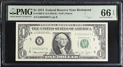1974 $1 Richmond E00020007A PMG 66 EPQ ⭐ Low Serial Fancy Number FR 1908-E Gem - Image 1 of 3