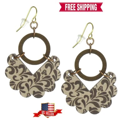 Hermosos Pendientes Boho Flor Madera Marrón y Tostada, Alambres para Orejas Oro 18K Foto 1 de 4