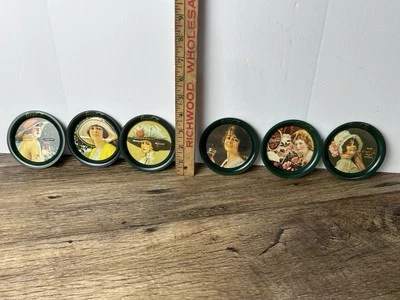 Set of 6 VTG Coca Cola Round Metal Victorian Ladies Drink Coasters Green - 1983 - Image 1 of 4