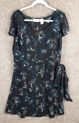 Jaclyn Smith Floral Dress Womens 14 Black Blue Short Sleeve A-line Belt Career - Image 1 of 4