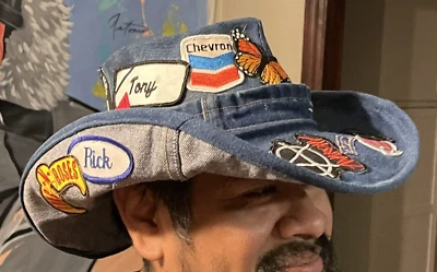 Cowboy Hat size 7 1/2 or XL handmade upcycled blue jeans patches rockabilly - Image 1 of 4