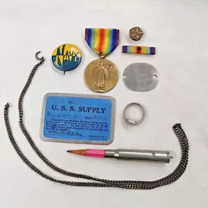 WW1 US Navy Lot Victory Medal Thumbprint Dog Tag Trench Art Ring USS Supply ID'd - Picture 1 of 15