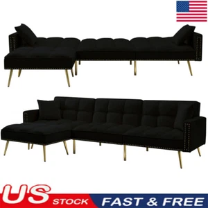 107.7in Velvet Sectional Sleeper Sofa Bed Adjustable Cushions W/ 2 Toss Pillows - Picture 1 of 12
