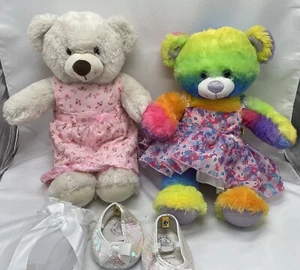 Build-A-Bear Rainbow Tie-Dye Sparkle And White Plush Teddy Bears BABW W Clothes - Picture 1 of 12