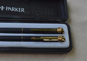 NIB Parker France PL Ballpoint Pen & Pencil set Black / Gold w/ Unique Clip - Picture 1 of 1