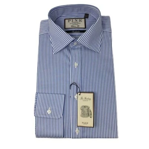 THOMAS PINK Blue & White Stripe Classic Fit Cotton Shirt - UK 16R/EU 41R -£90 - Picture 1 of 3