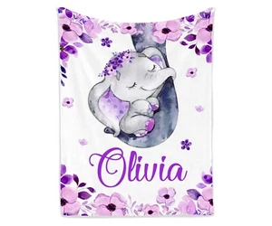 Personalized Elephant Animal Floral Baby Name Blanket New Born Gift Baby Girl - Picture 1 of 5
