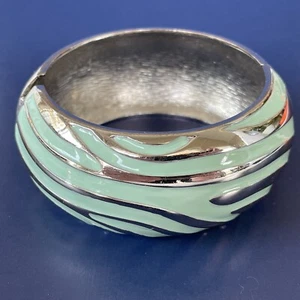 Vintage Silver Tone & Green Enamel 1.25" Wide Cuff Clamper Bracelet - Picture 1 of 7
