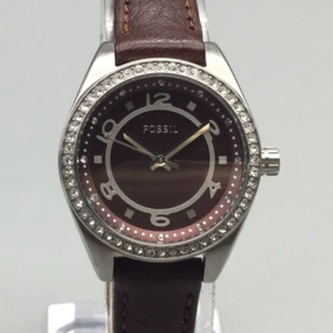 Fossil Watch Women 27mm Silver Tone Bling Brown Dial Leather Band New Battery - Picture 1 of 16