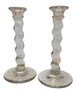 2 Vintage Glass Candlestick Spiral Twist Rope Long Stem Candle Holder Art Deco - Picture 1 of 9
