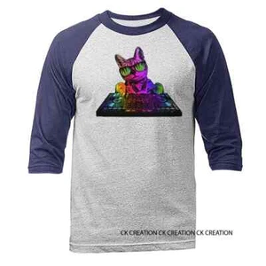 Technicolor DJ Cat Music Animals Pet Funny Joke Humor Humorous 3/4 Sleeve Raglan - Picture 1 of 10