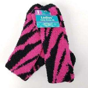 1 Pair Ladies Cozy Plush Stretch Knee High Pink Black Zebra Print Socks sz 9-11 - Picture 1 of 5