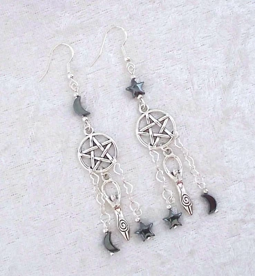 Dream Catcher Pentagram,Hematite Moon & Stars,7cm Long, 925 Silver Hook Earrings Foto 1 de 4