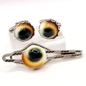 EYE OF SHIVA Unique and Rare Shell Silver Tone Tie Clasp Clip and Cufflink Set - Picture 1 of 21
