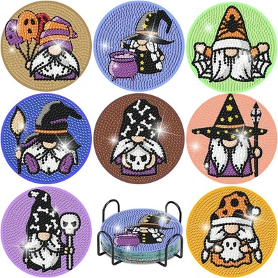 Kits de posavasos artísticos de diamantes de Halloween de 8 piezas, lindos posavasos para pintura de diamantes de gnomo  Foto 1 de 4